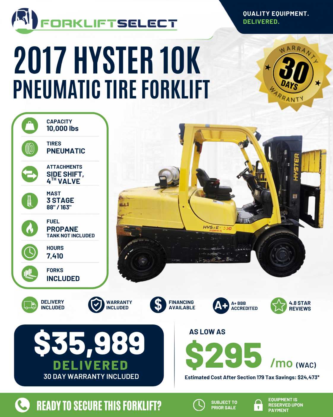 2017 Hyster 10K Pneumatic Tire Forklift