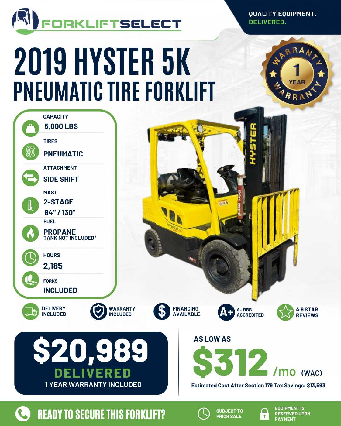 2019 Hyster 5K Pneumatic Tire Forkl...