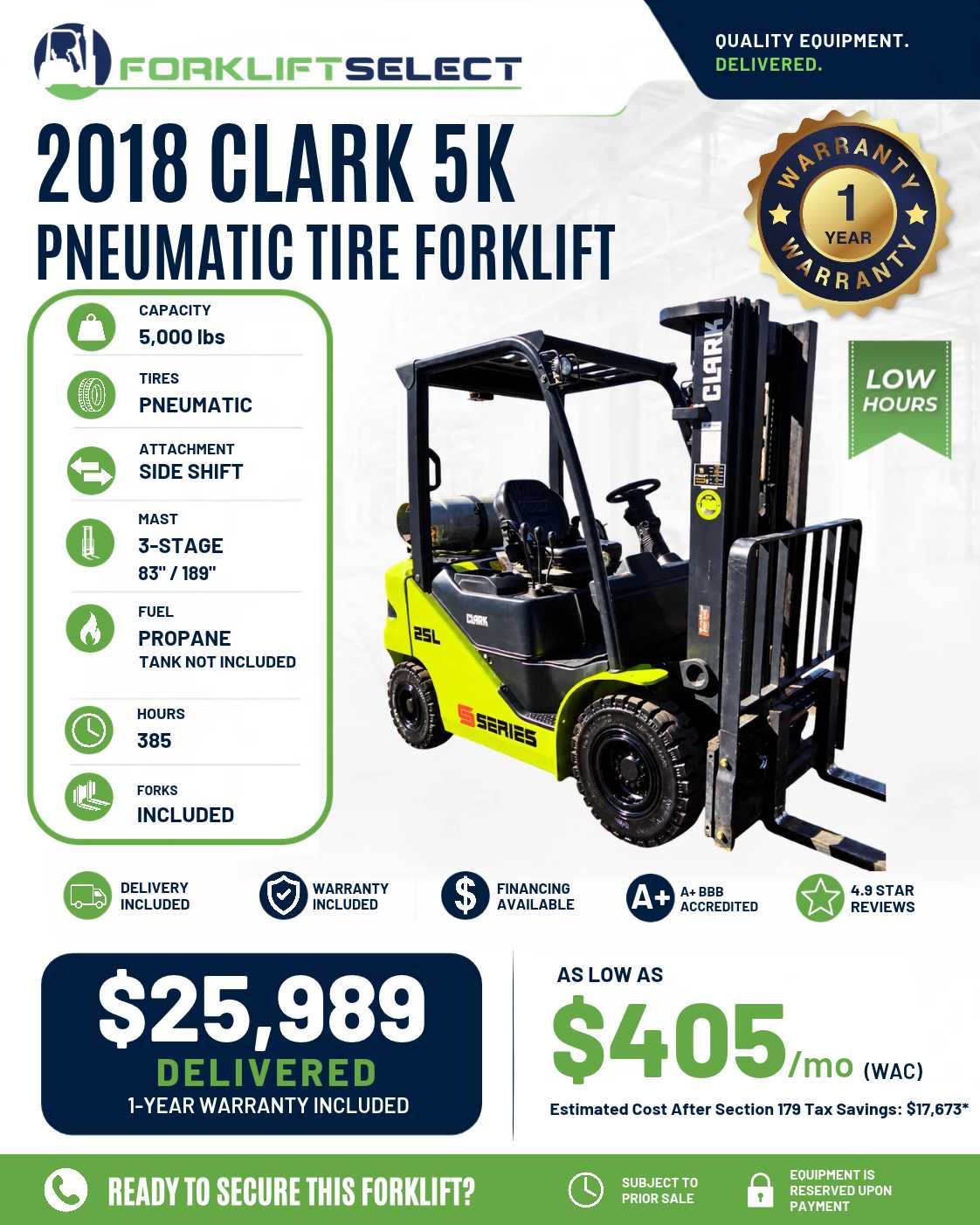 2018 Clark 5K Pneumatic Tire Forkli...