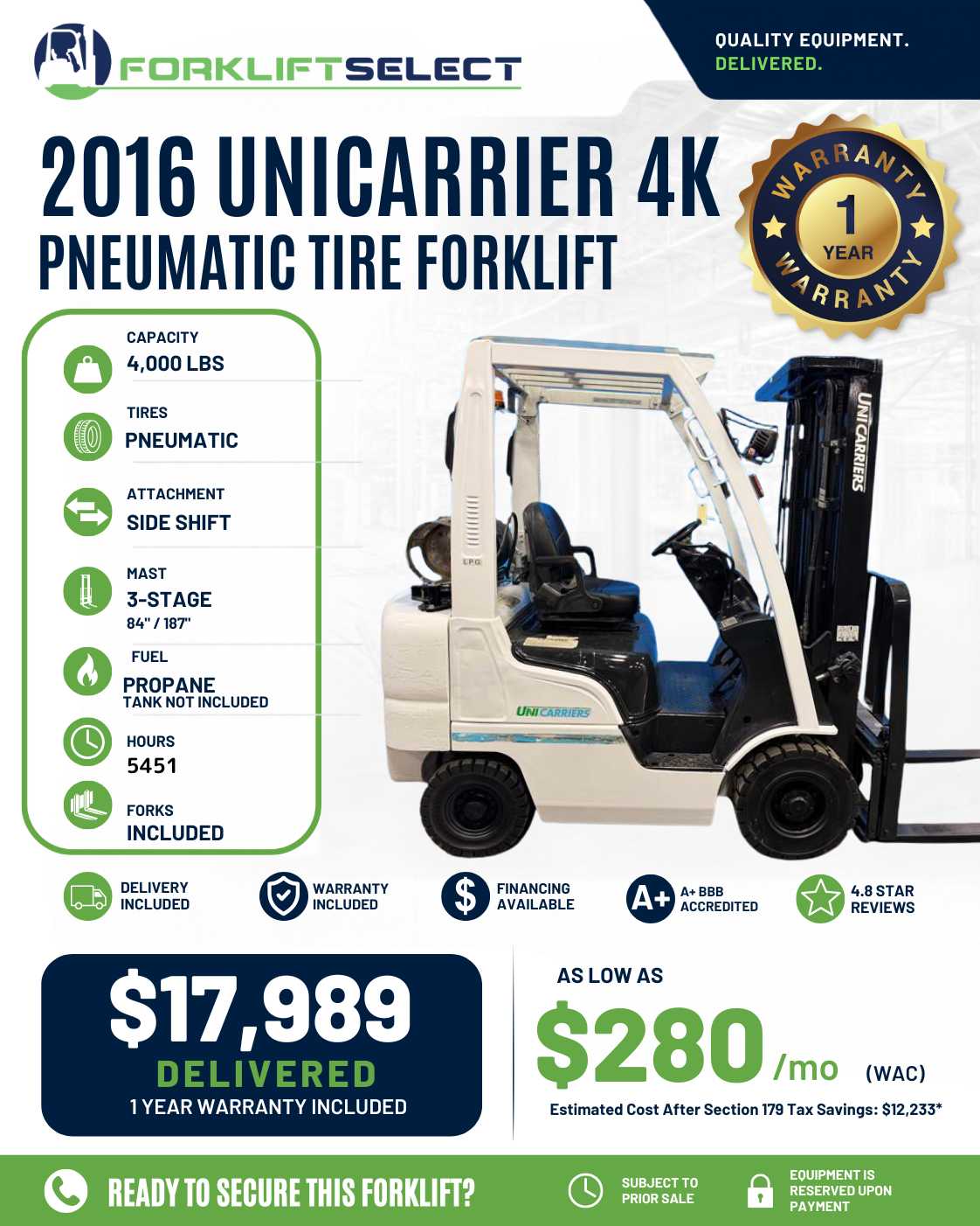 2016 UniCarrier 4K Pneumatic Tire Forklift - 123Forklift