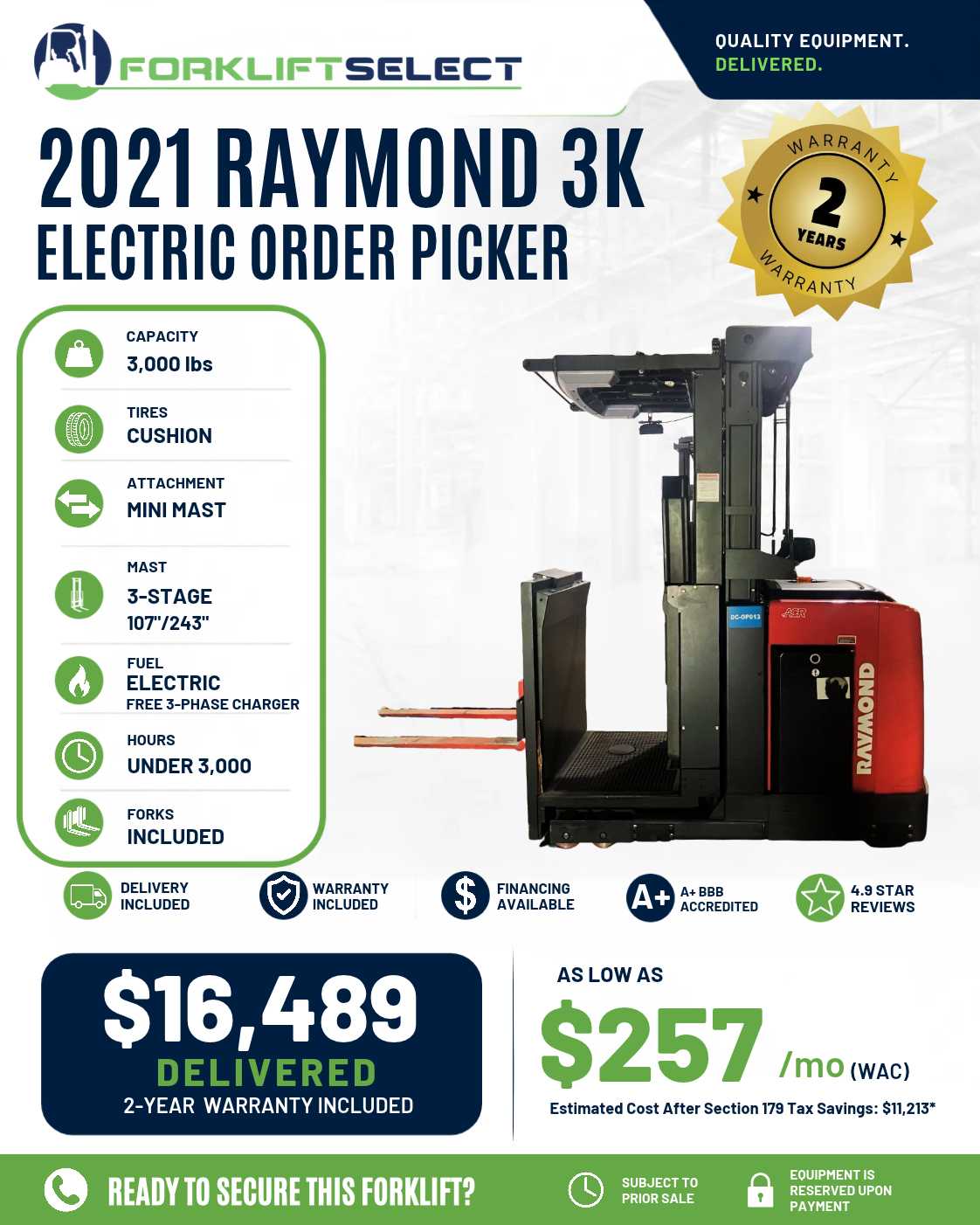 2021 Raymond 3K Cushion Tire Forklift - 123Forklift