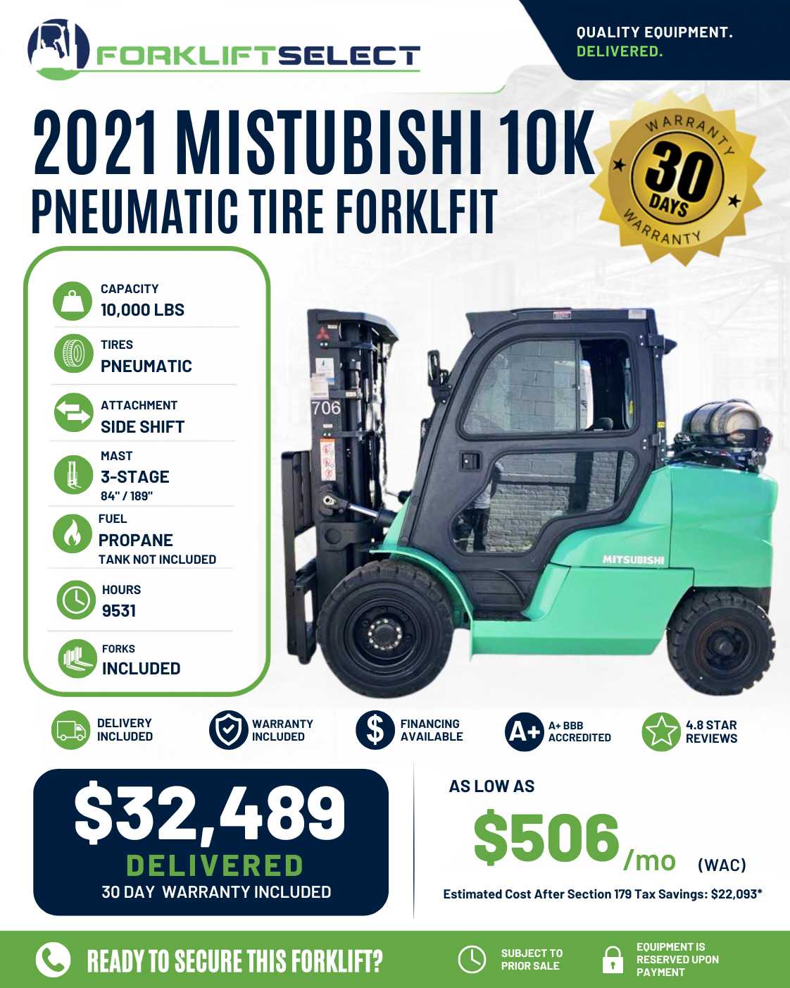 2021 Mitsubishi 10K Pneumatic Tire Forklift - 123Forklift