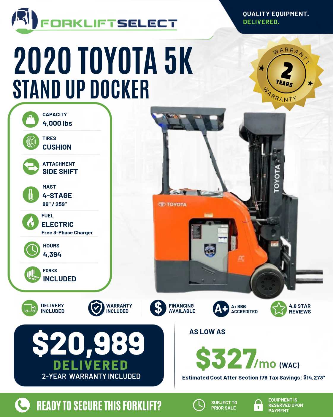 2020 Toyota 4K Cushion Tire Forklift - 123Forklift