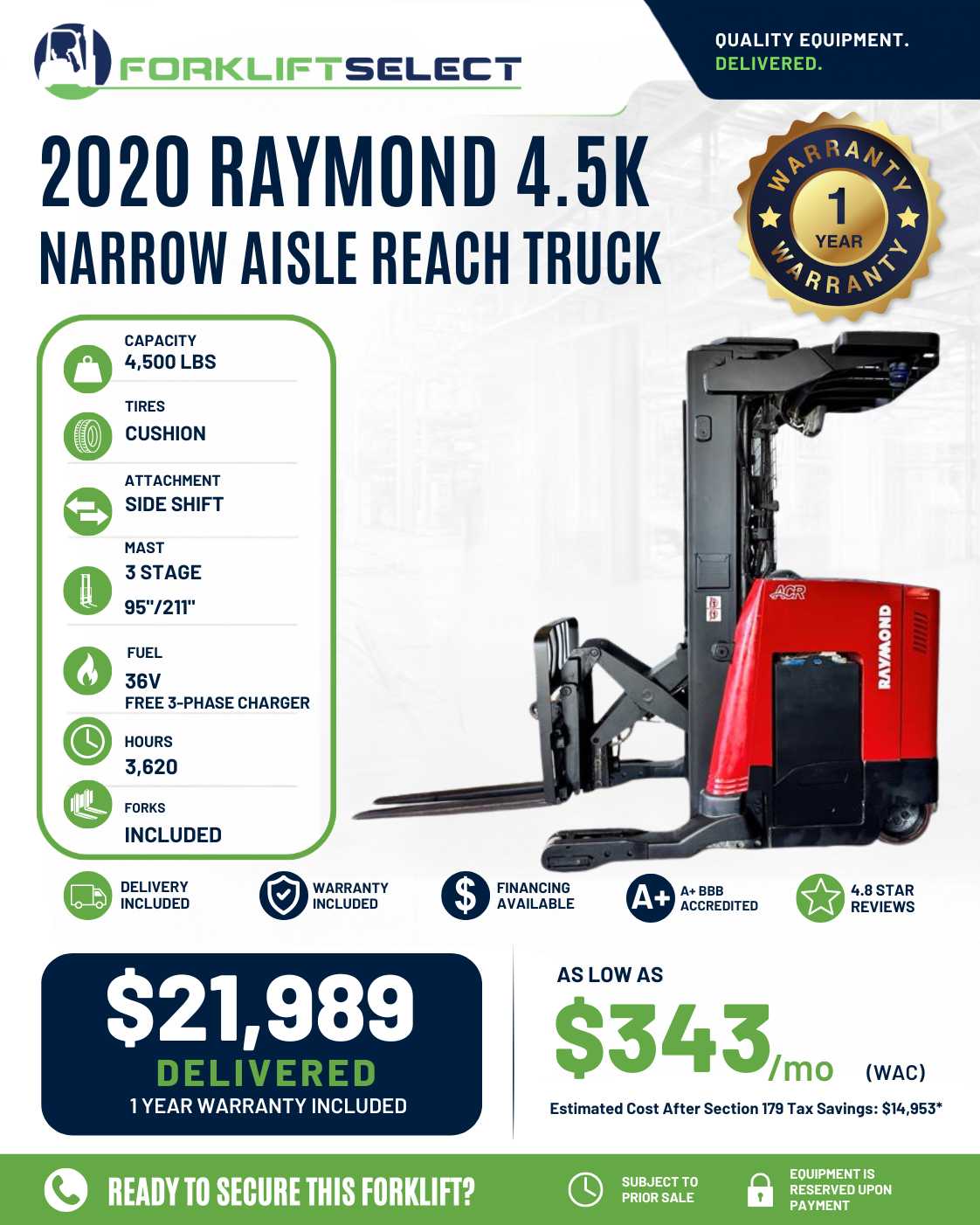 2020 Raymond 4.5K Cushion Tire Forklift - 123Forklift