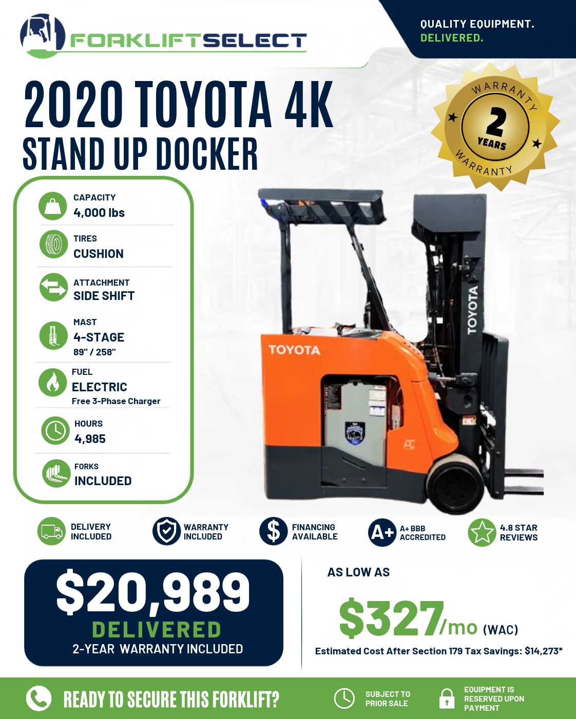 2020 Toyota 4K Cushion Tire Forklift - 123Forklift
