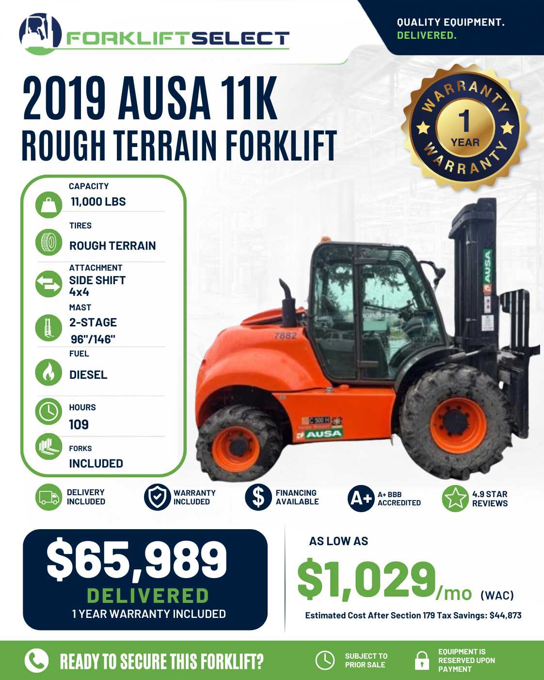 2019 AUSA 11K Pneumatic Tire Forklift - 123Forklift