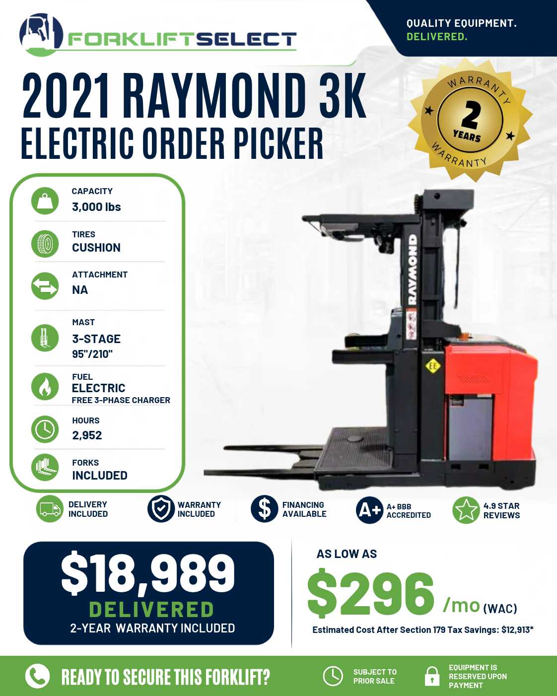 2021 Raymond 3K Cushion Tire Forklift