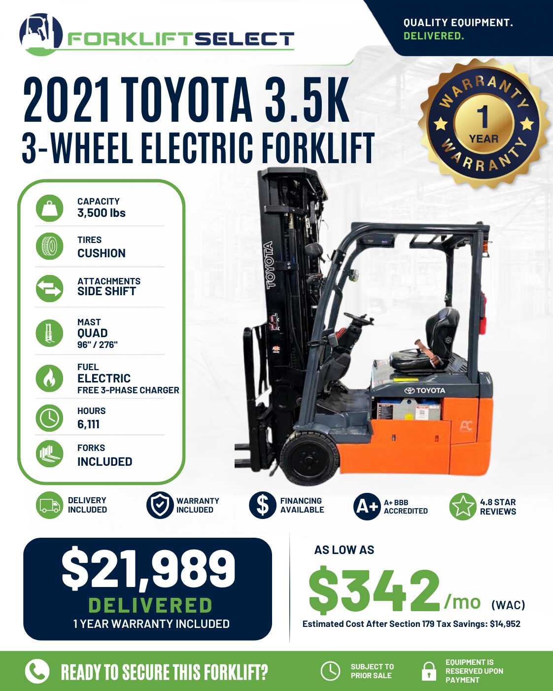 2021 Toyota 3.5K Cushion Tire Forklift