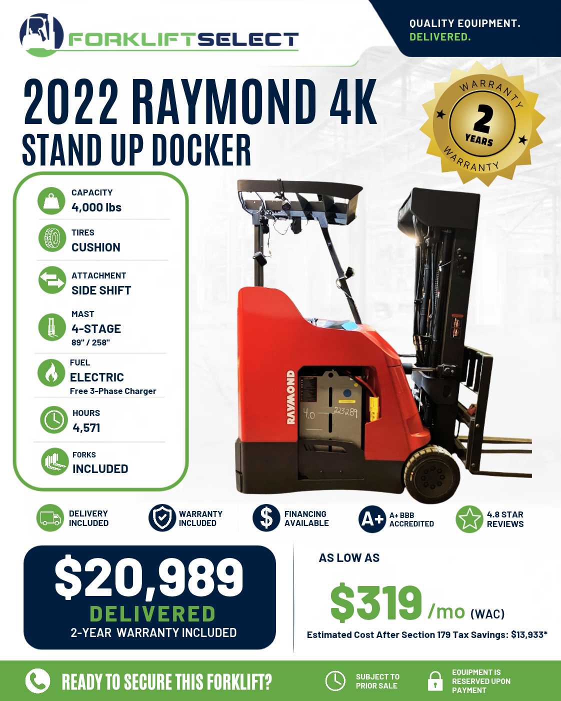 2022 Raymond 4K Cushion Tire Forklift