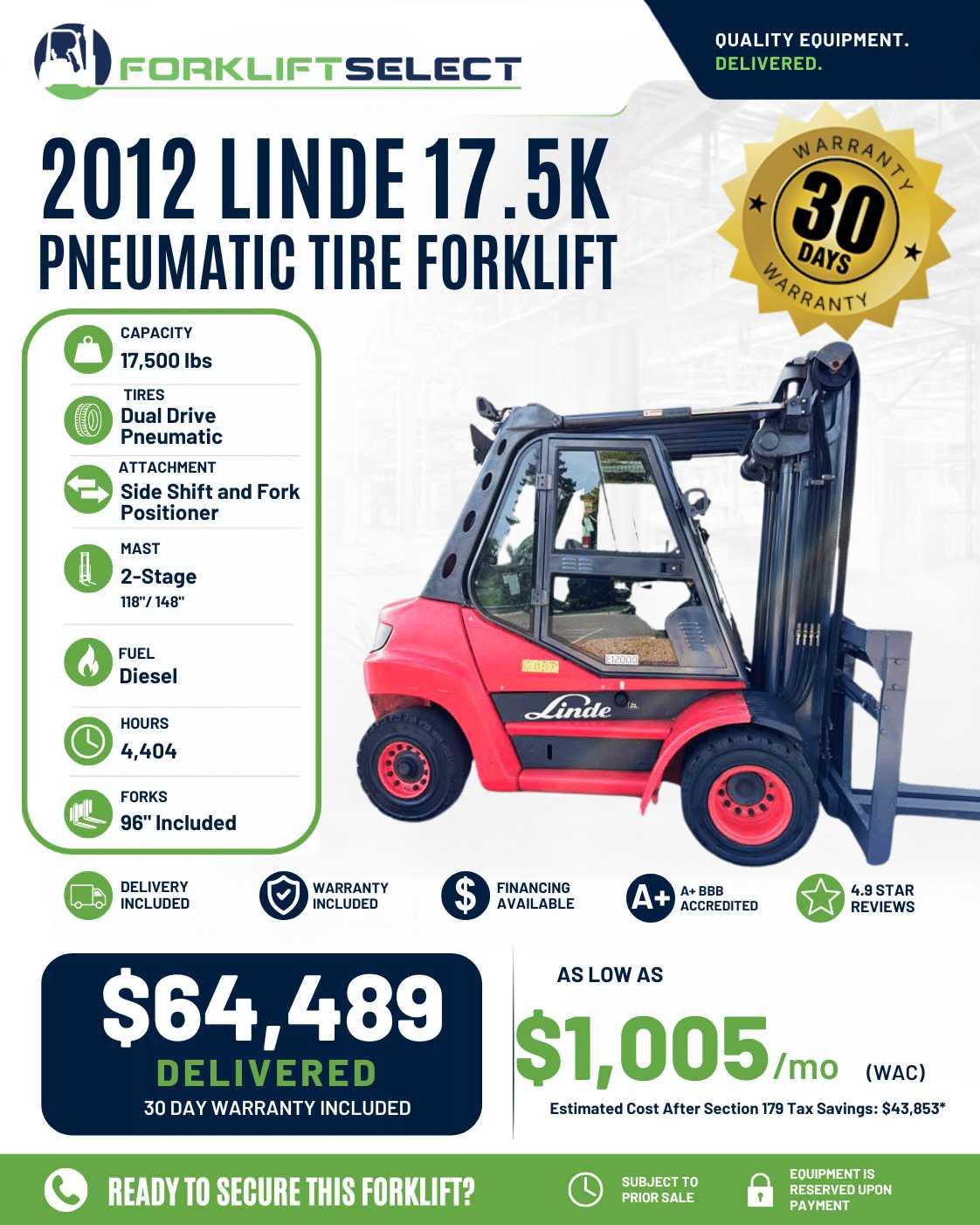 2012 Linde 17.5K Pneumatic Tire Forklift