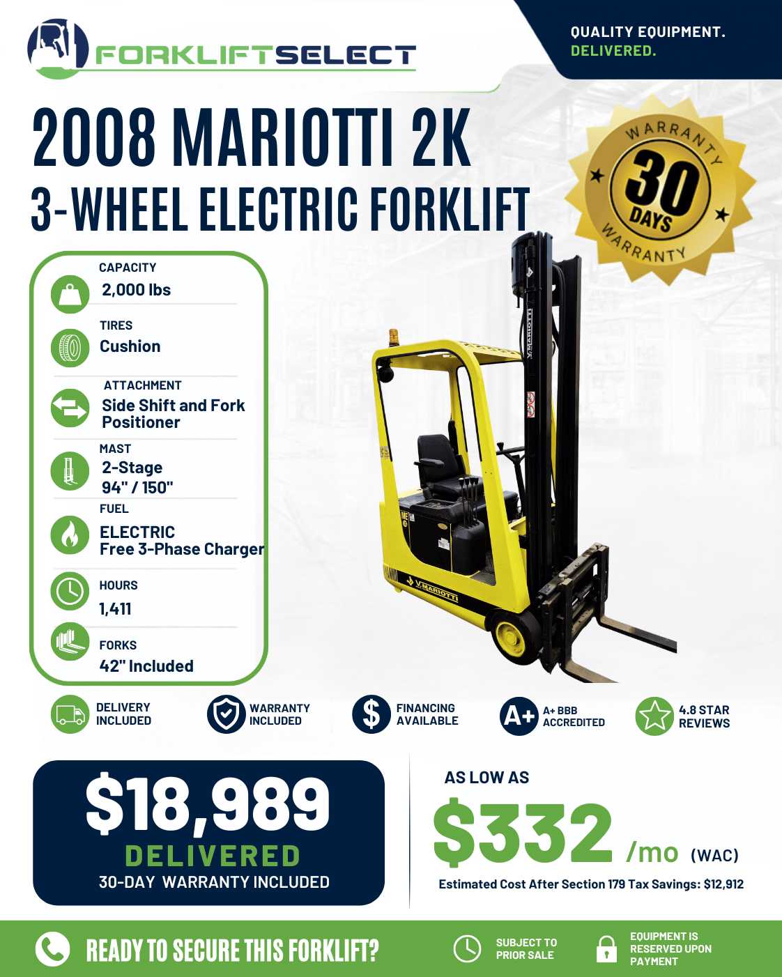 2008 Mariotti 2K Cushion Tire Forklift - 123Forklift