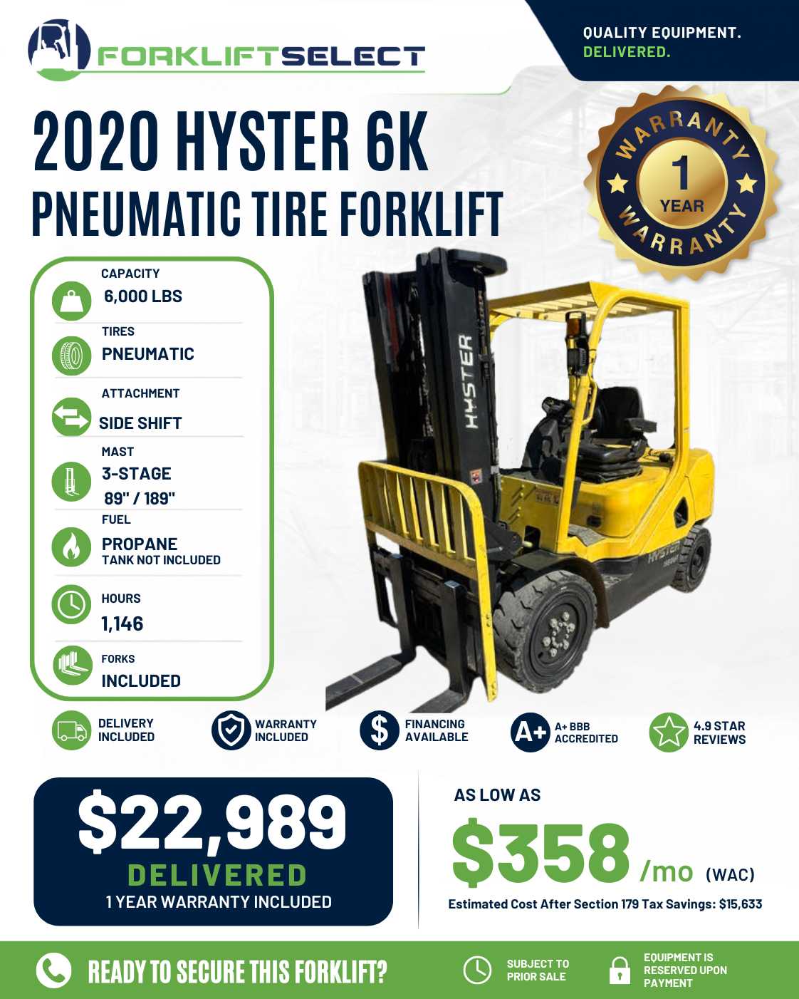 2020 Hyster 6K Pneumatic Tire Forklift - 123Forklift