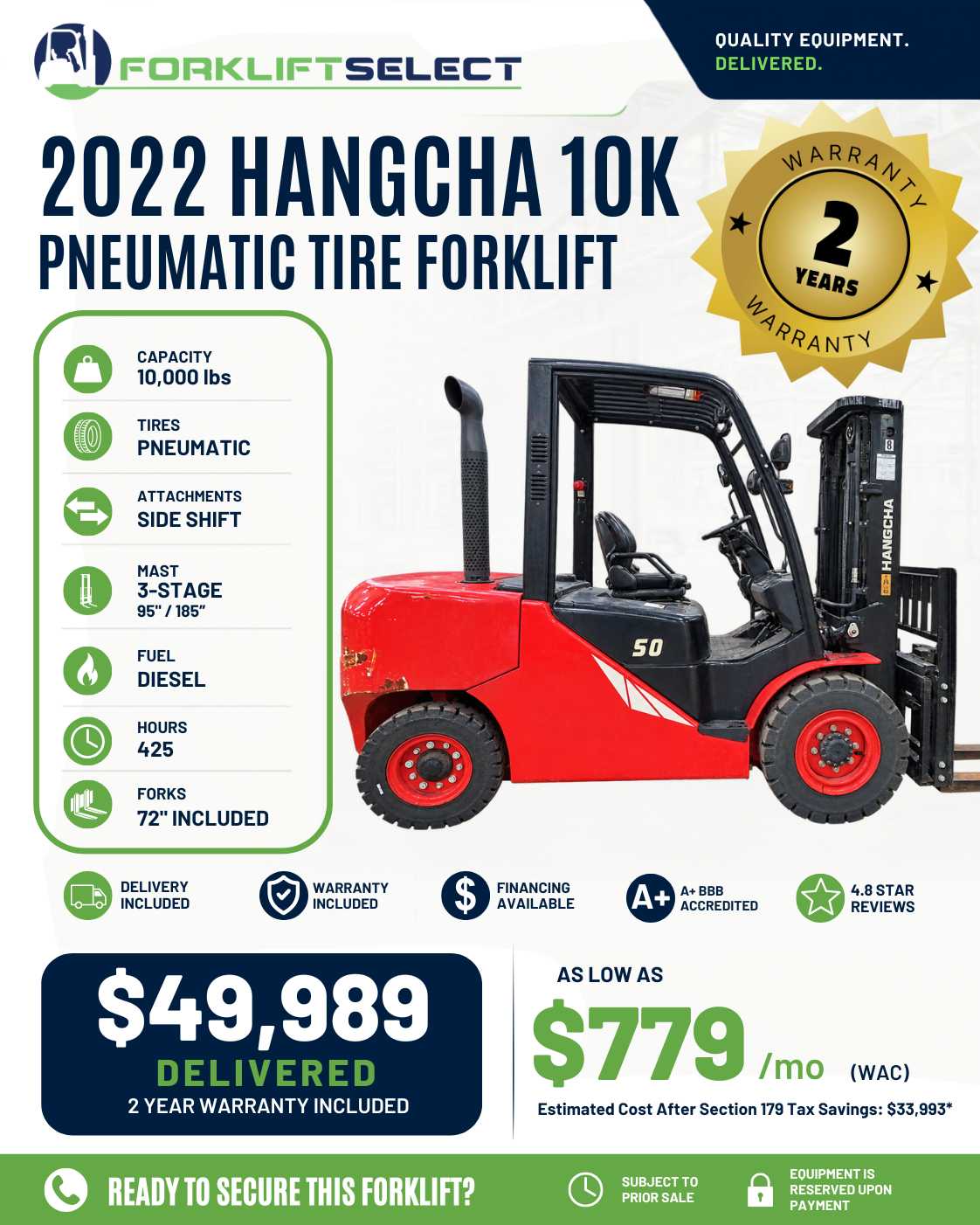 2022 Hangcha 10K Pneumatic Tire Forklift