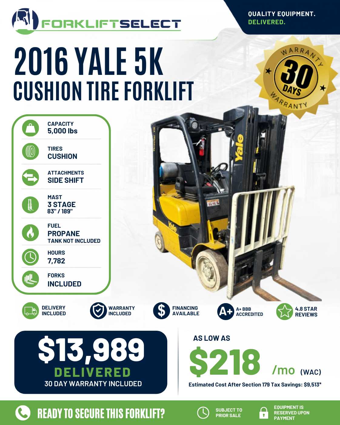 2016 Yale 5K Cushion Tire Forklift - 123Forklift