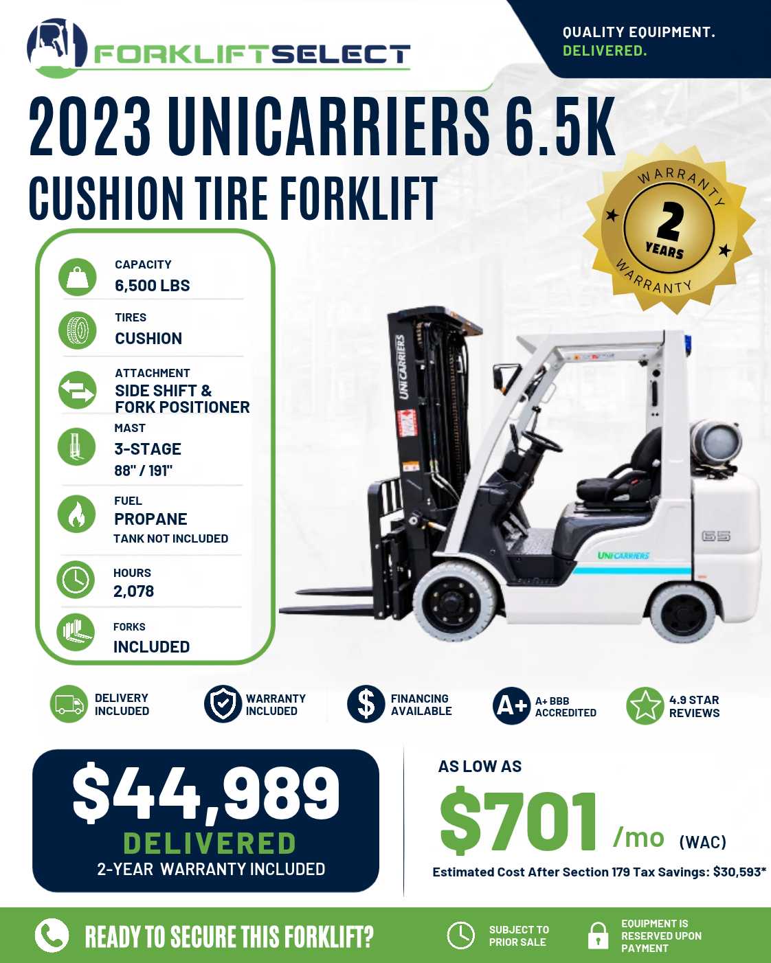 2023 UniCarriers 6.5K Cushion Tire Forklift