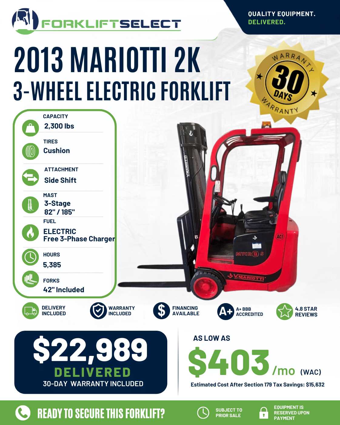 2013 Mariotti 2.3K Cushion Tire Forklift