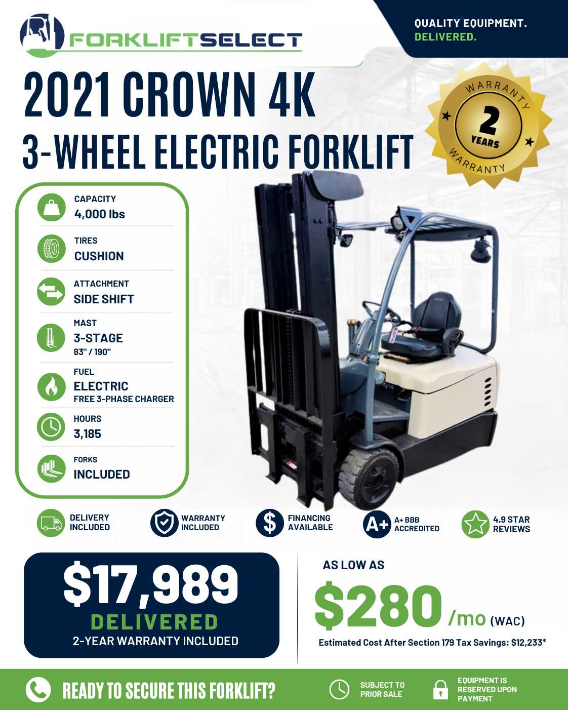 2021 Crown 4K Cushion Tire Forklift