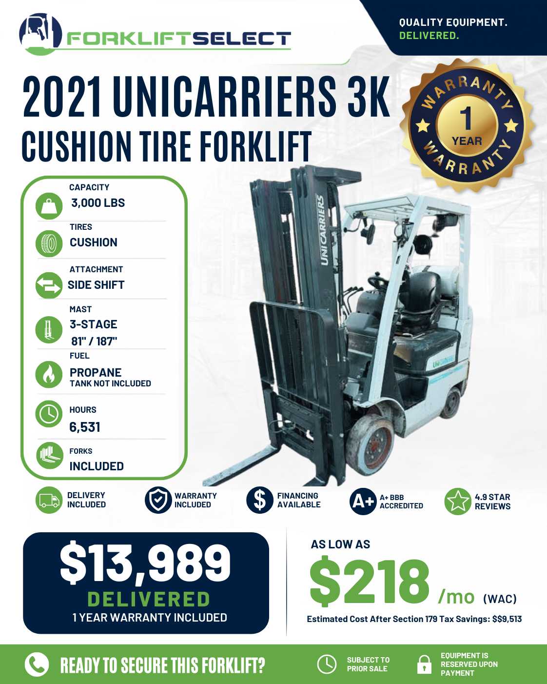 2021 UniCarriers 3K Cushion Tire Forklift