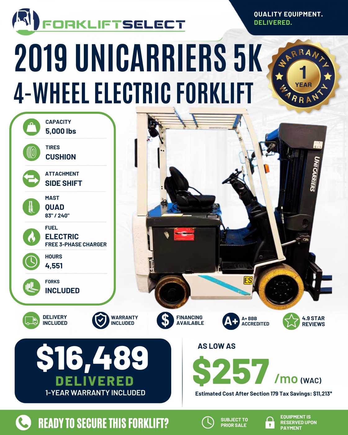 2019 UniCarriers 5K Cushion Tire Forklift