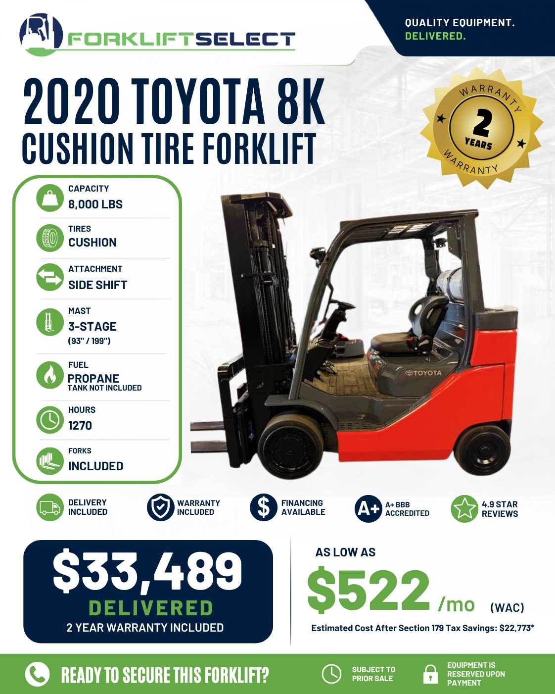 2020 Toyota 8K Cushion Tire Forklift - 123Forklift