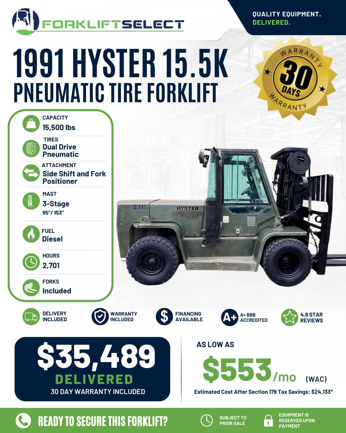 1991 Hyster 15.5K Pneumatic Tire Forklift - 123Forklift