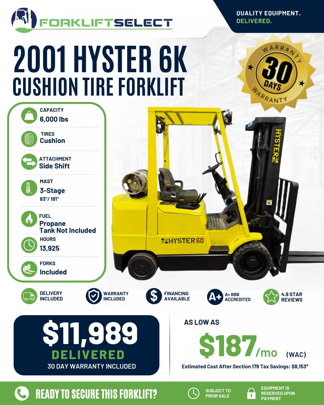 2001 Hyster 6K Cushion Tire Forklift