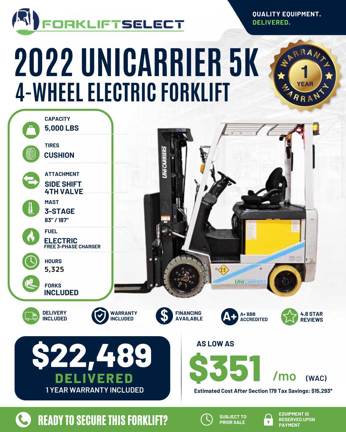 2022 UniCarrier 5K Cushion Tire Forklift