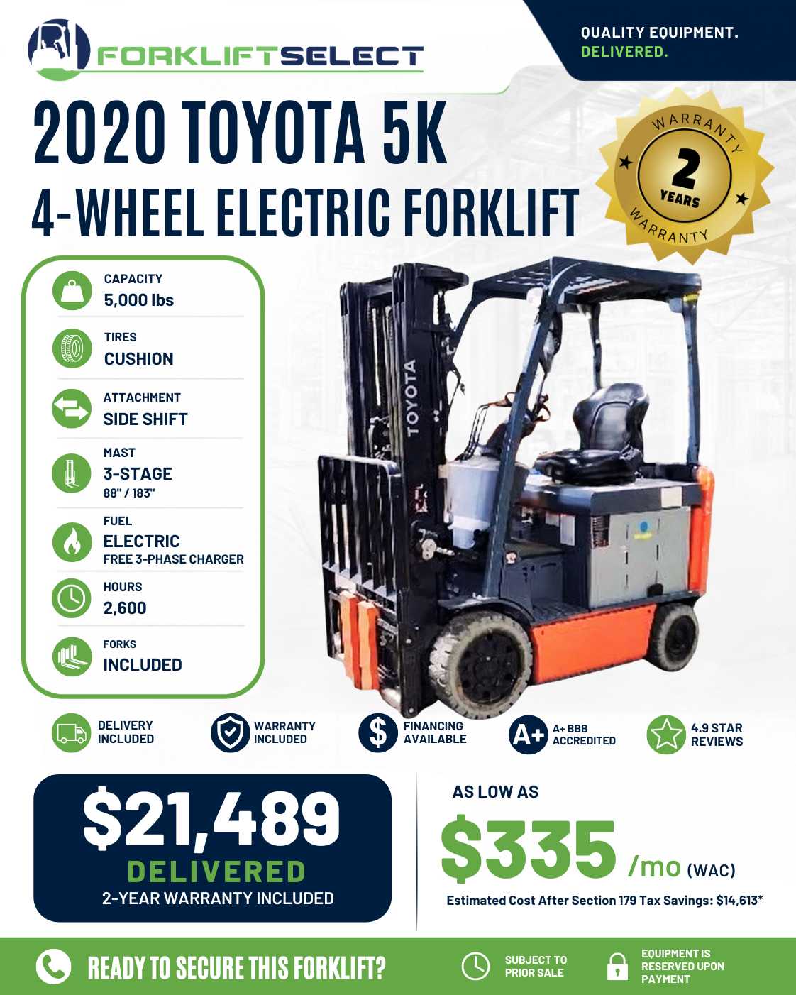 2020 Toyota 5K Cushion Tire Forklift