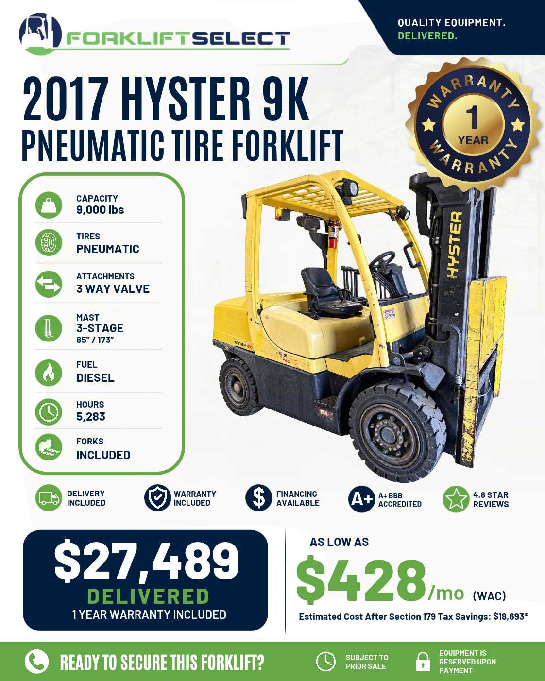 2017 Hyster 9K Pneumatic Tire Forklift