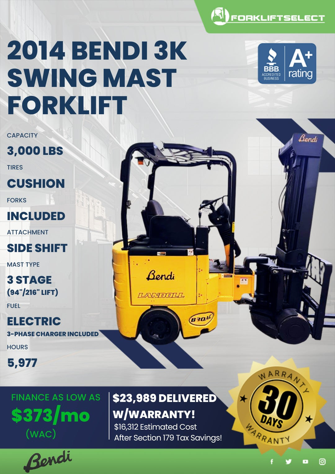 2014 Bendi 3K Cushion Tire Forklift...