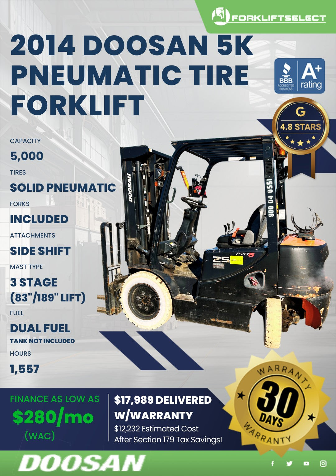 2014 Doosan 5K Pneumatic Tire Forkl...