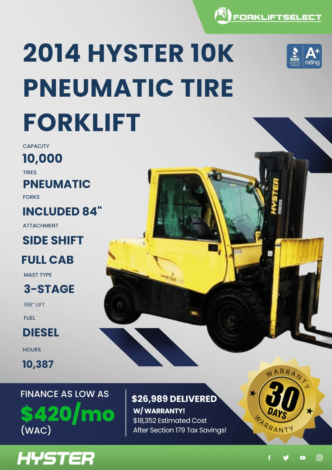 2014 Hyster 10K Pneumatic Tire Fork...
