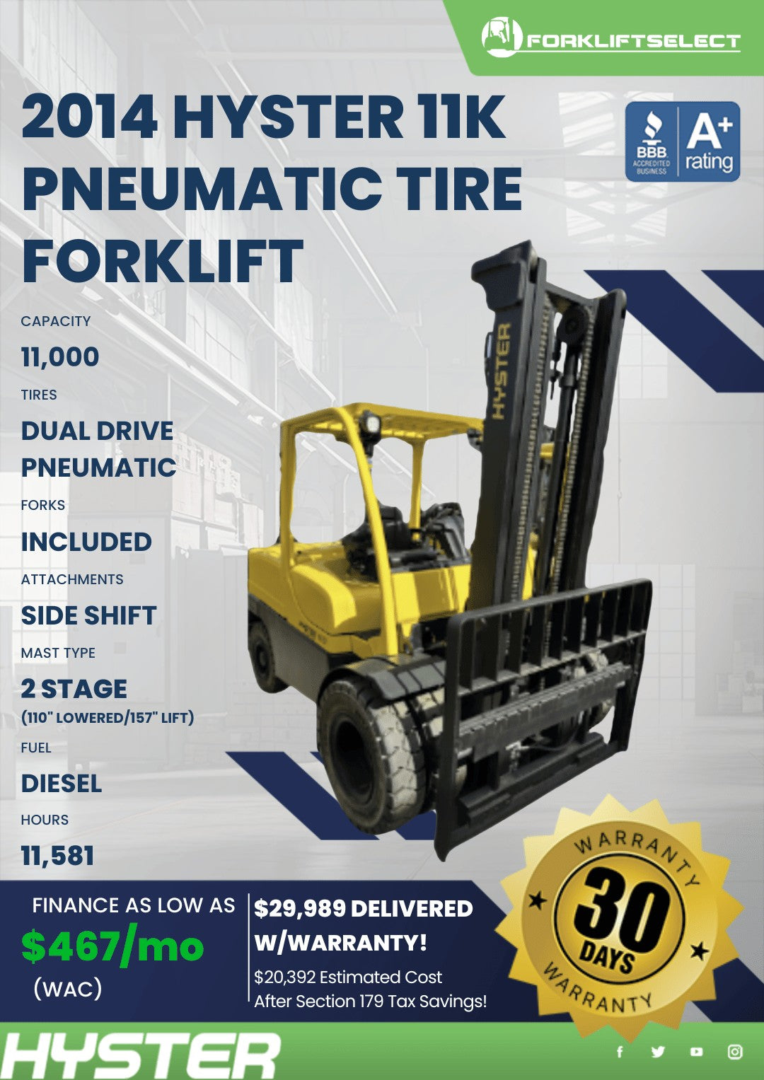2014 Hyster 11K Pneumatic Tire Fork...