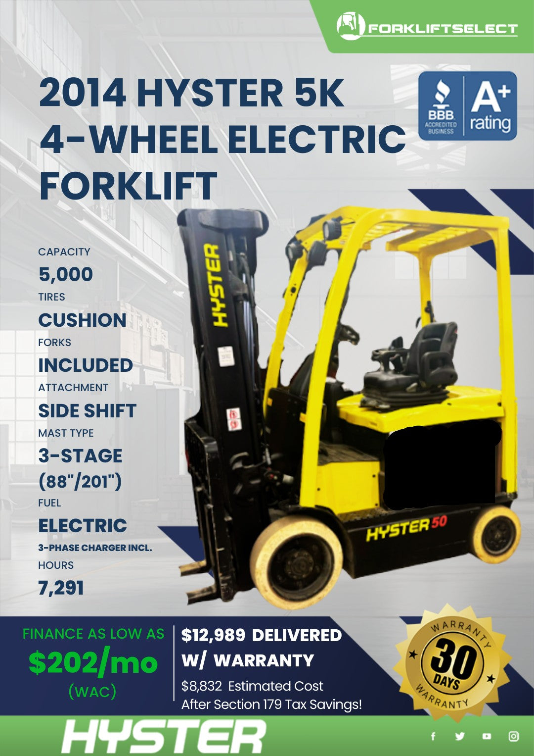2014 Hyster 5K 4-Wheel Electric For...