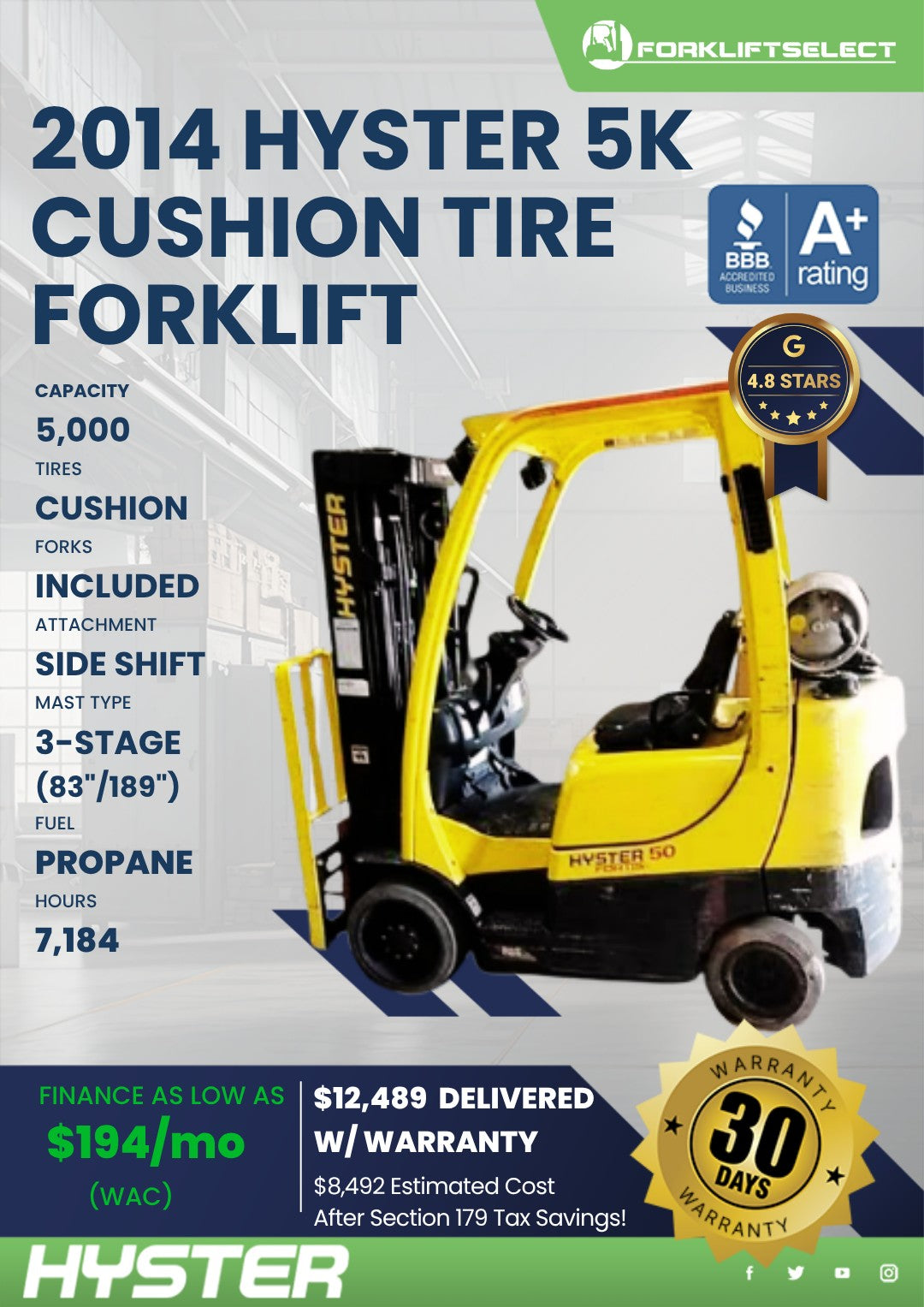 2014 Hyster 5K Cushion Tire Forklif...