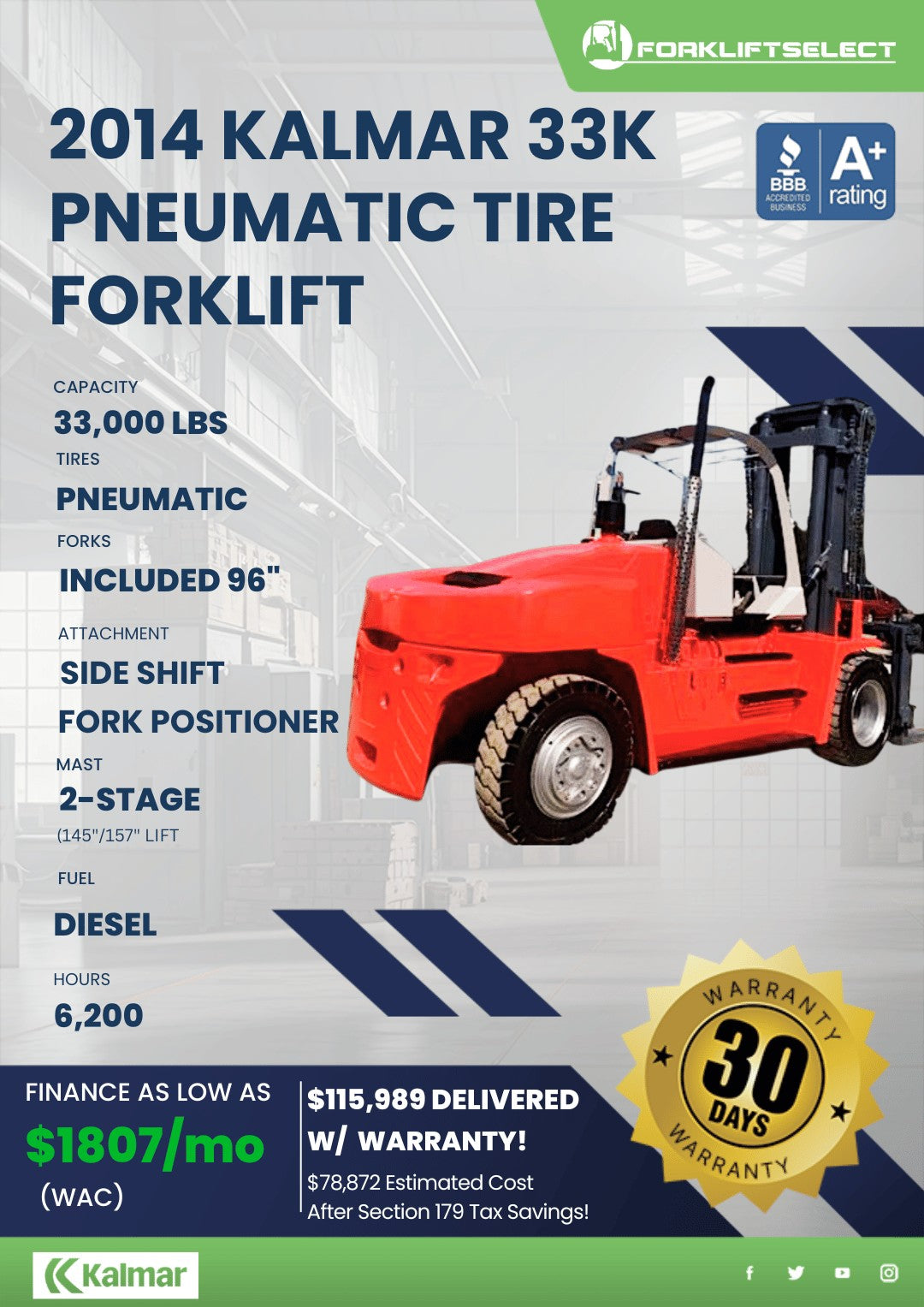 2014 Kalmar 33K Pneumatic Tire Fork...