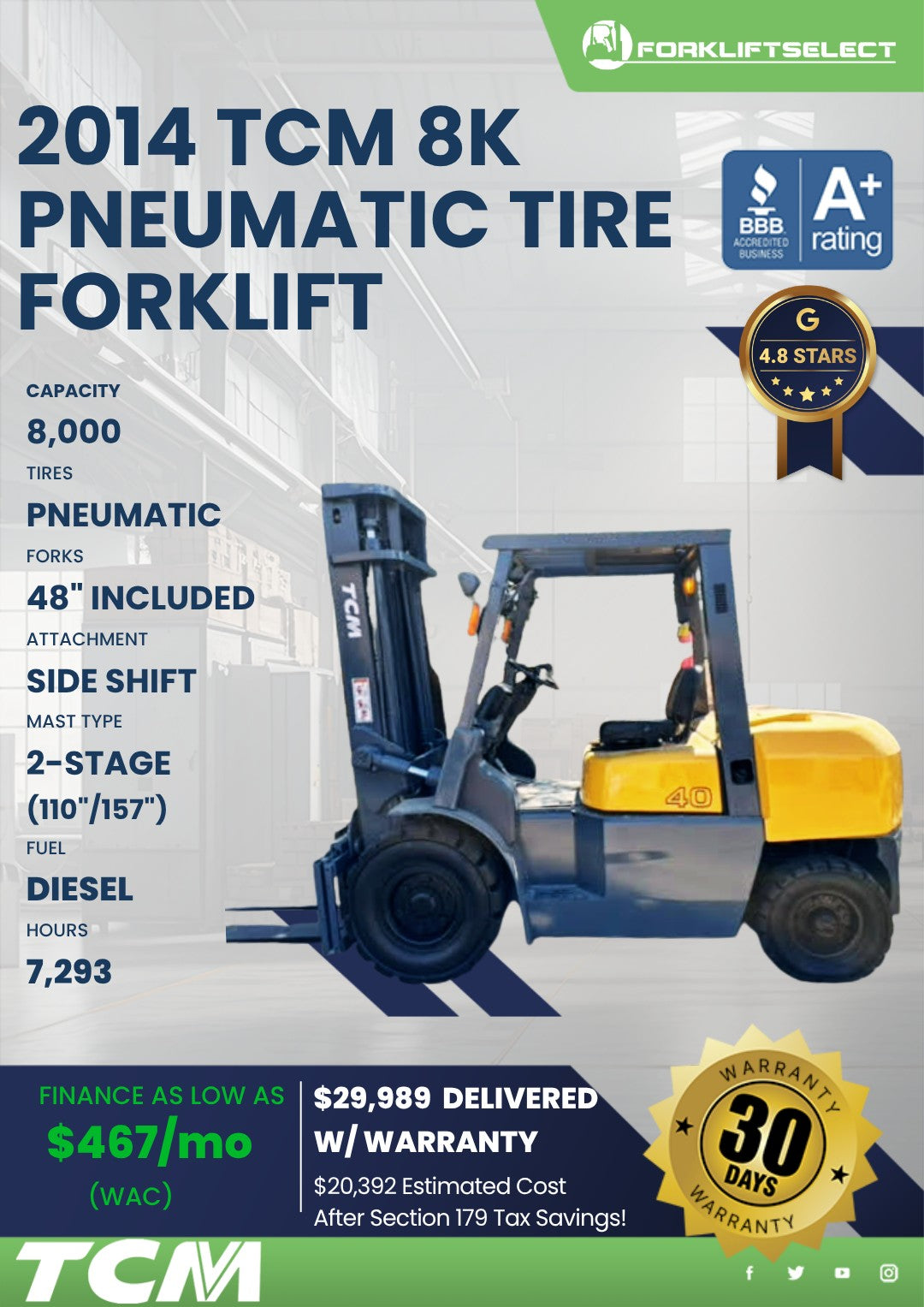 2014 TCM 8K Pneumatic Tire Forklift...