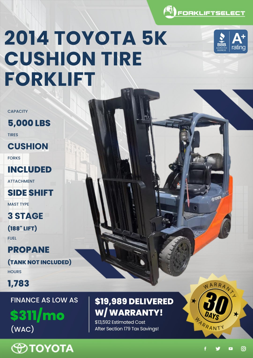 2014 Toyota 5K Cushion Tire Forklif...