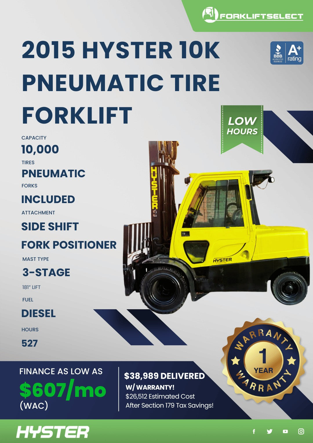 2015 Hyster 10K PneumaticTire Forkl...