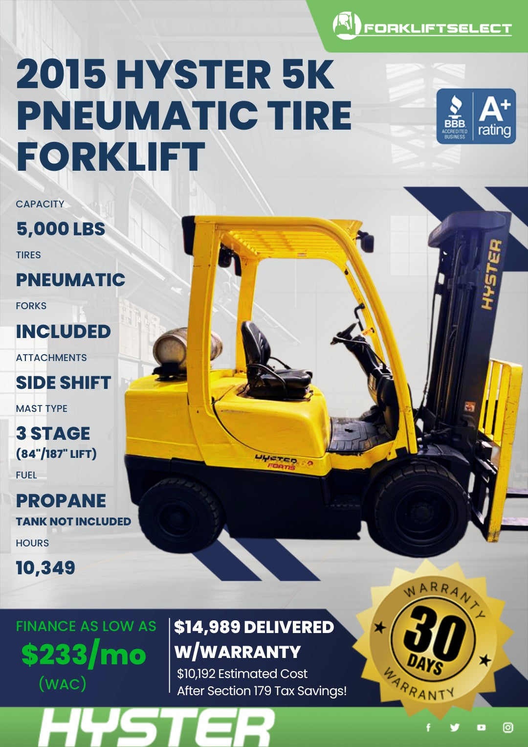 2015 Hyster 5K PneumaticTire Forkli...
