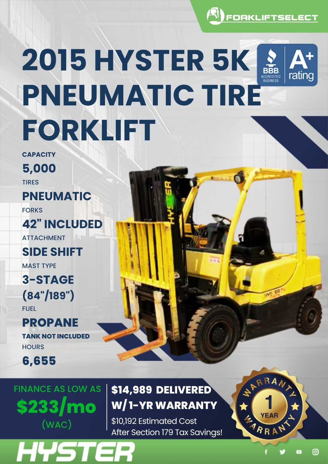 2015 Hyster 5K Pneumatic Tire Forkl...