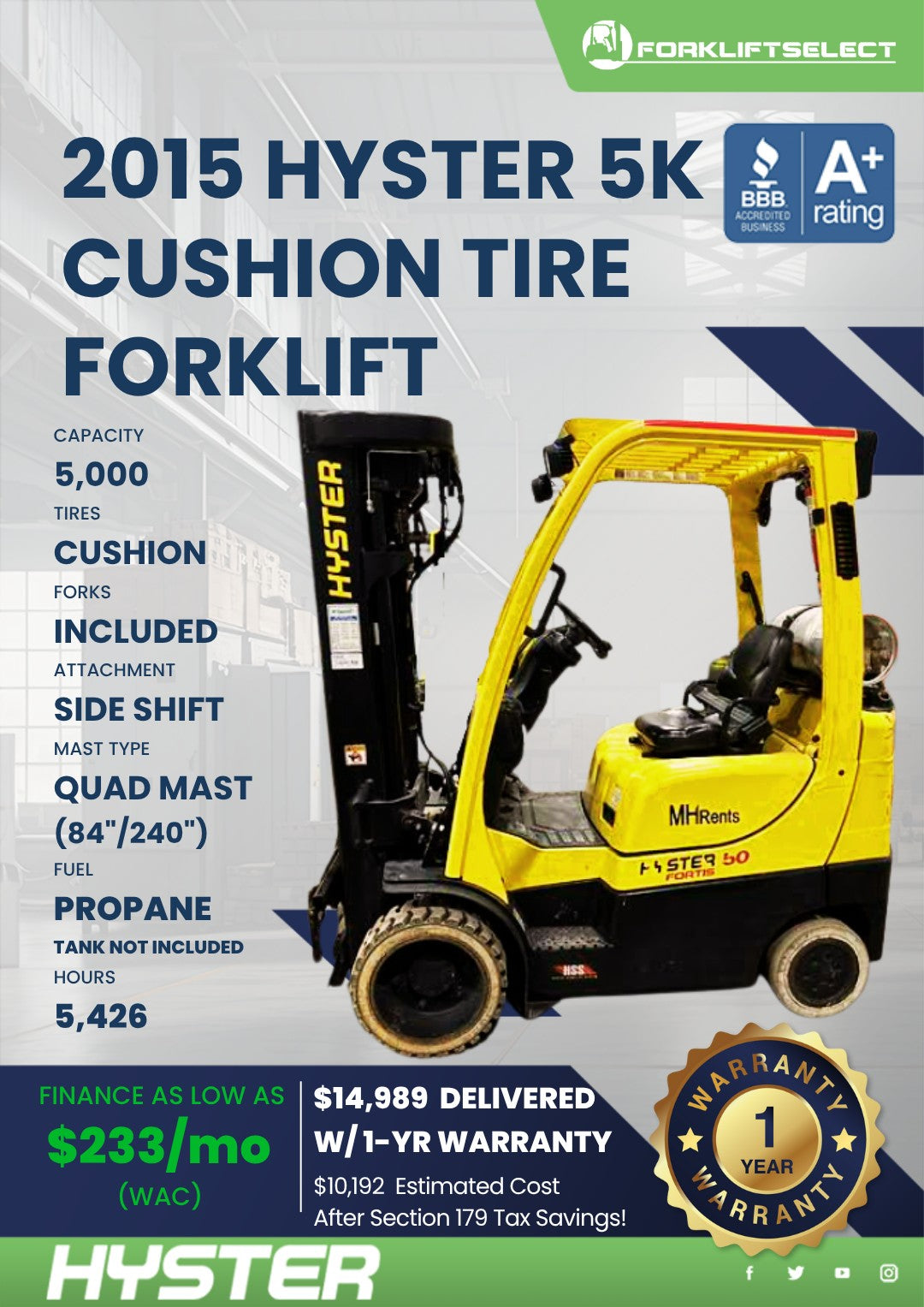 2015 Hyster 5K Cushion Tire Forklif...