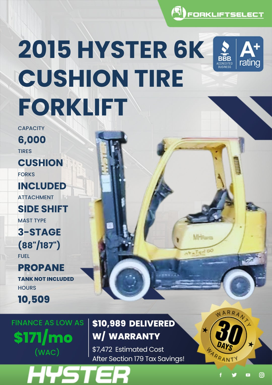 2015 Hyster 6K Cushion Tire Forklif...