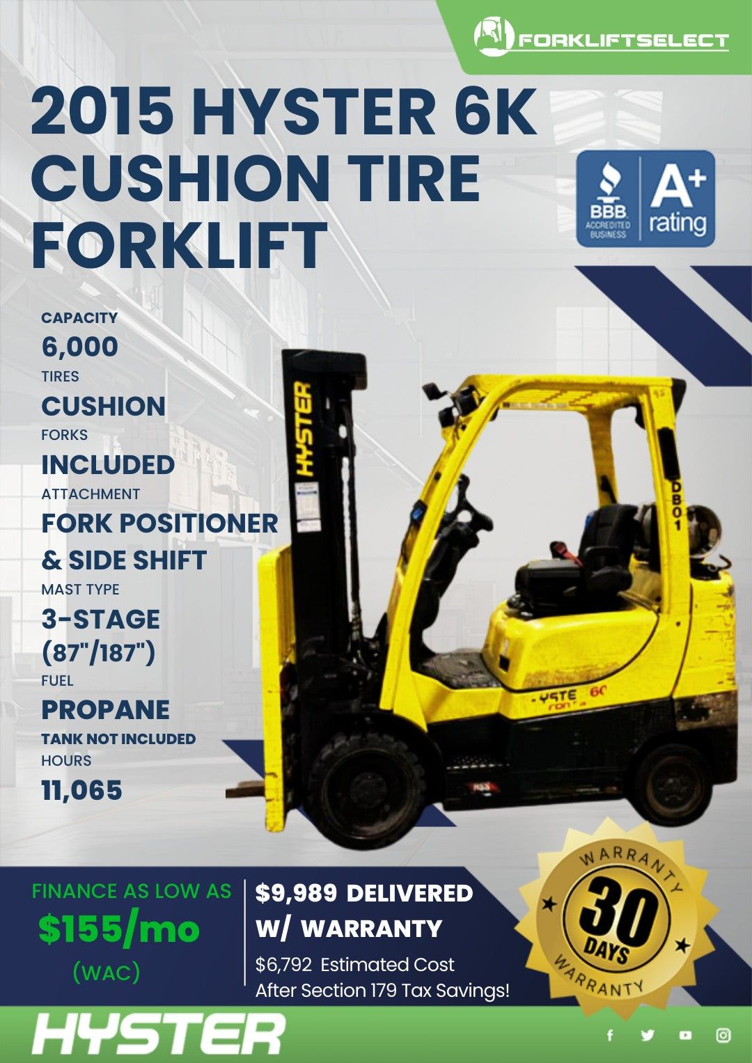 2015.0 Hyster 6K Cushion Tire Forkl...