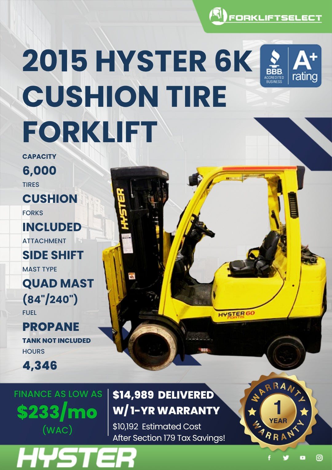 2015 Hyster 6K Cushion Tire Forklif...
