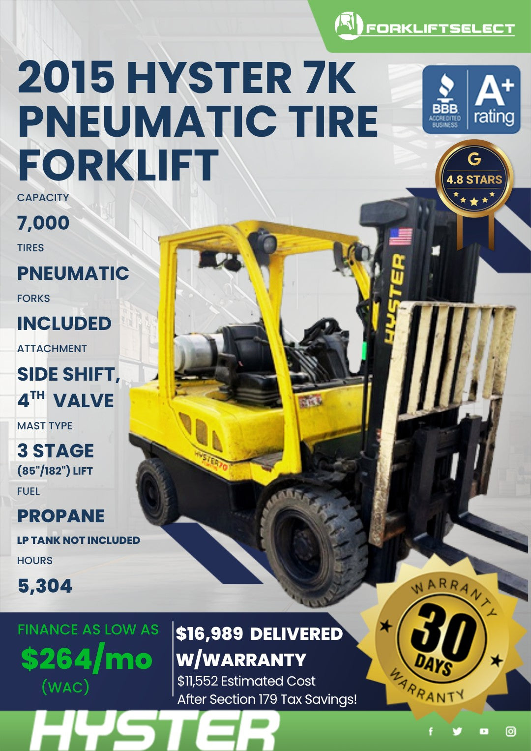 2015 Hyster 7K Pneumatic Tire Forkl...