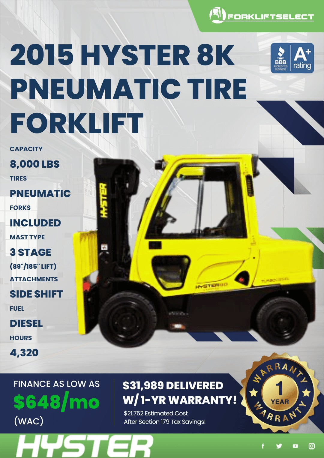 2015 Hyster 8K Pneumatic Tire Forkl...