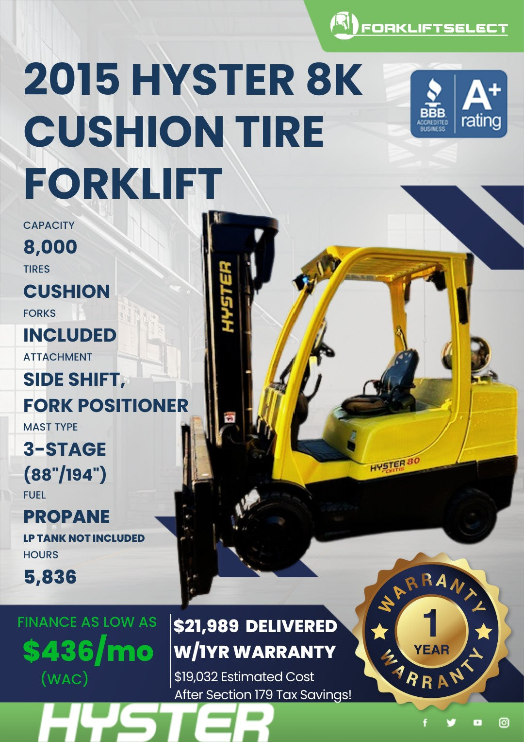 2015.0 Hyster 8K Cushion Tire Forkl...