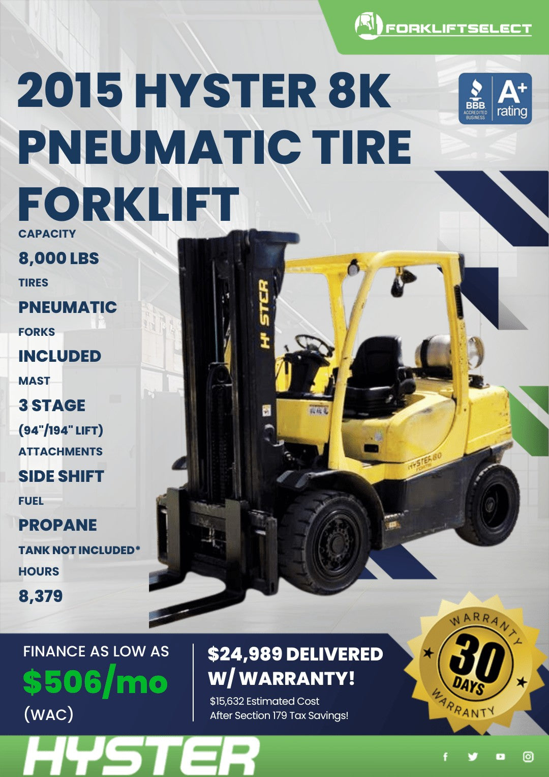 2015 Hyster 8K Pneumatic Tire Forkl...
