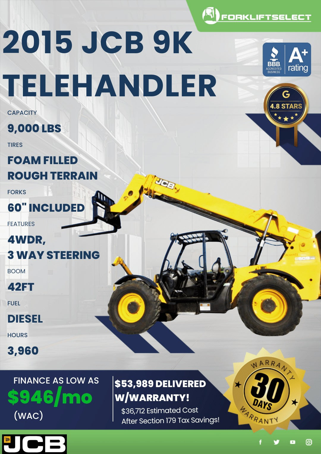 2015 JCB 9K Pneumatic Tire Telehand...